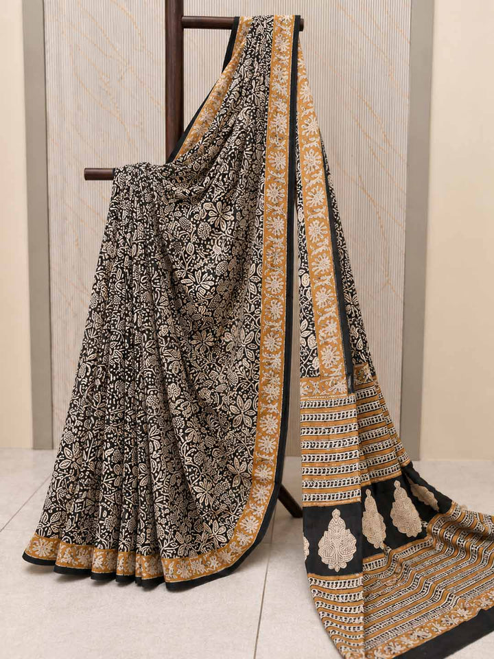 Black And Nude With Honey Yellow Floral Hand Block Print Cotton Saree