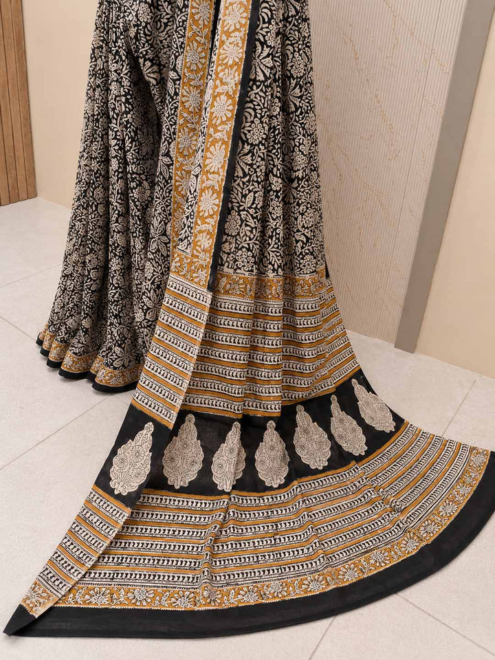 Black And Nude With Honey Yellow Floral Hand Block Print Cotton Saree
