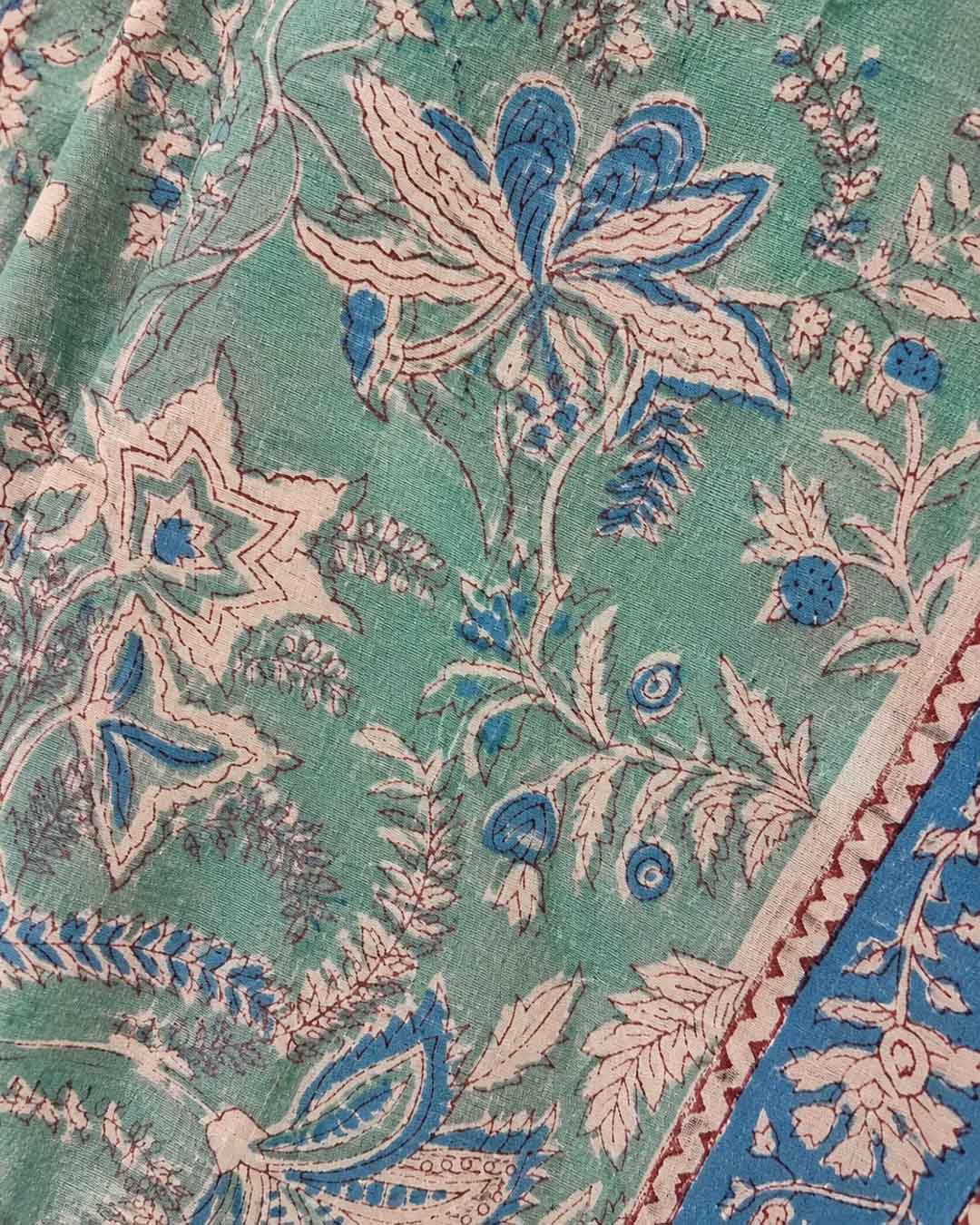 Light Green And Blue Hand Block Print Cotton Saree