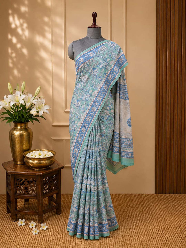 Light Green And Blue Hand Block Print Cotton Saree