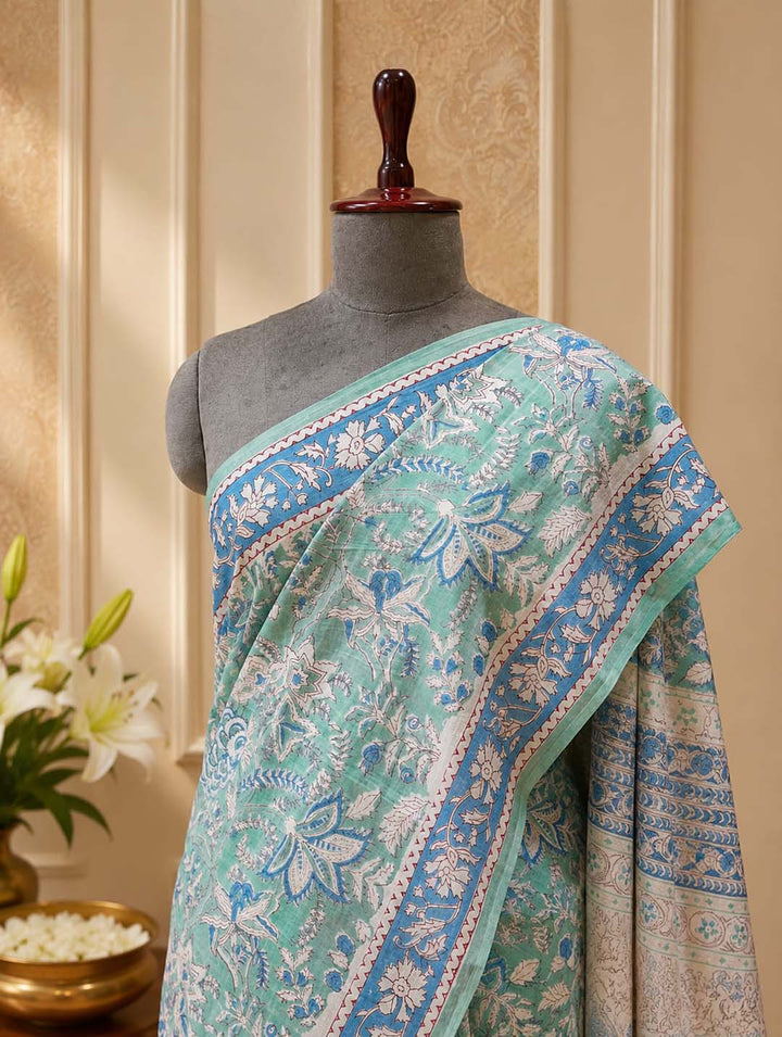 Light Green And Blue Hand Block Print Cotton Saree