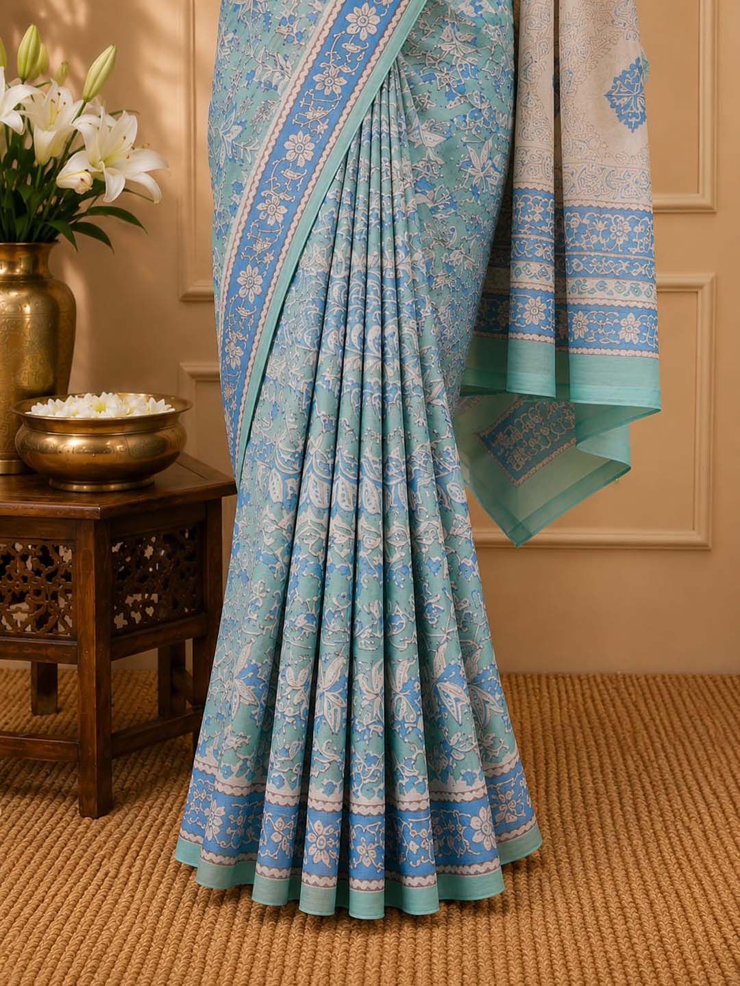 Light Green And Blue Hand Block Print Cotton Saree