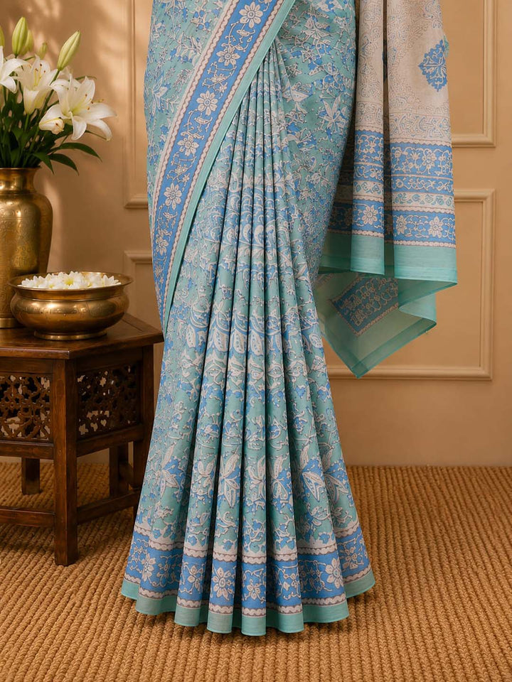 Light Green And Blue Hand Block Print Cotton Saree