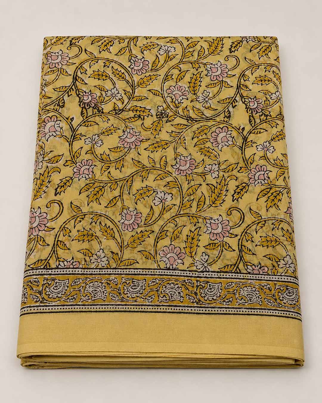 Mustard Yellow Floral Hand Block Print Cotton Saree