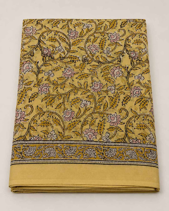Mustard Yellow Floral Hand Block Print Cotton Saree