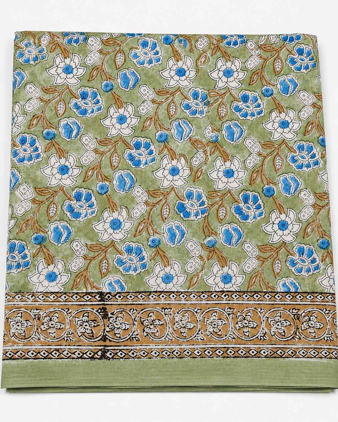 Sage Green  And White Floral Hand Block Print Cotton Saree