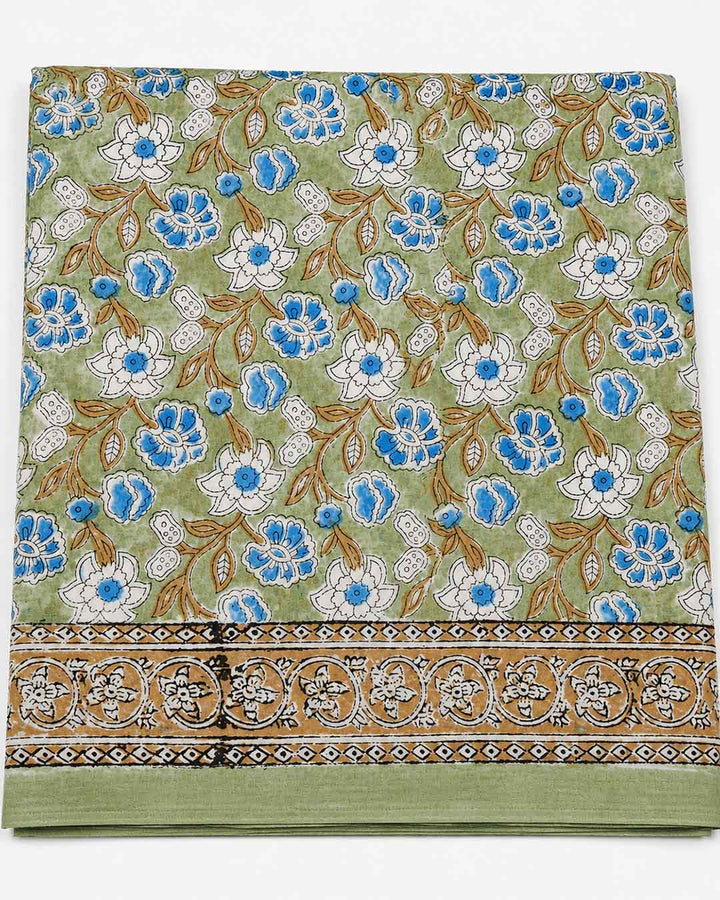 Sage Green  And White Floral Hand Block Print Cotton Saree
