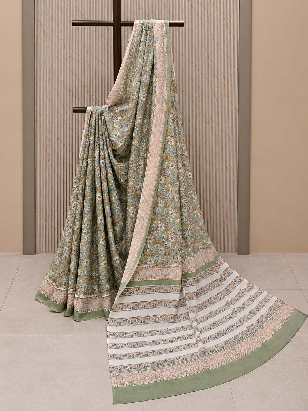 Sage Green  And White Floral Hand Block Print Cotton Saree