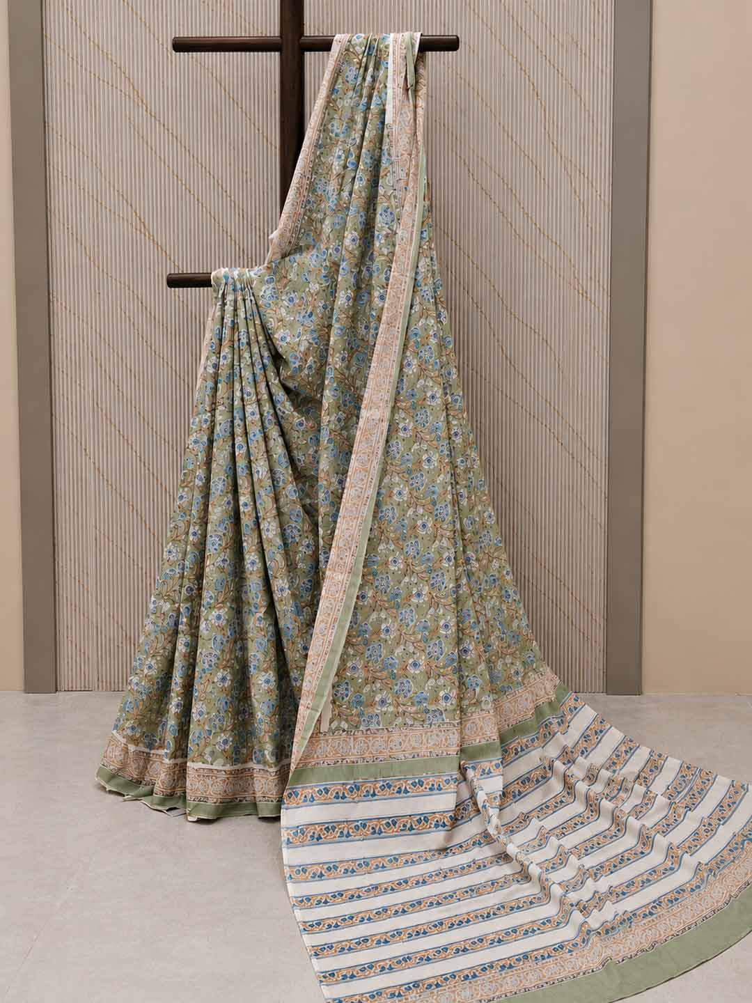 Sage Green  And White Floral Hand Block Print Cotton Saree