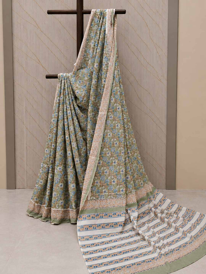 Sage Green  And White Floral Hand Block Print Cotton Saree