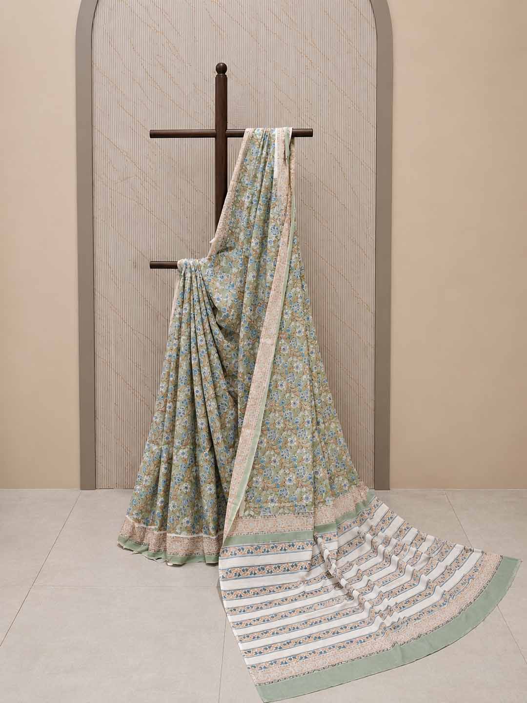 Sage Green  And White Floral Hand Block Print Cotton Saree