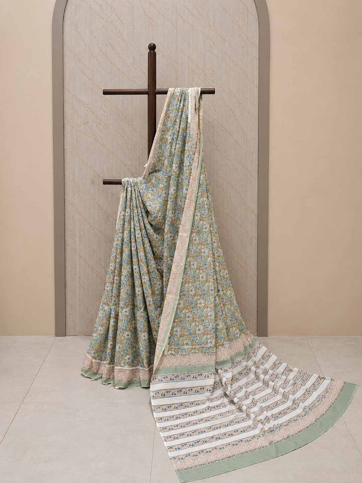 Sage Green  And White Floral Hand Block Print Cotton Saree