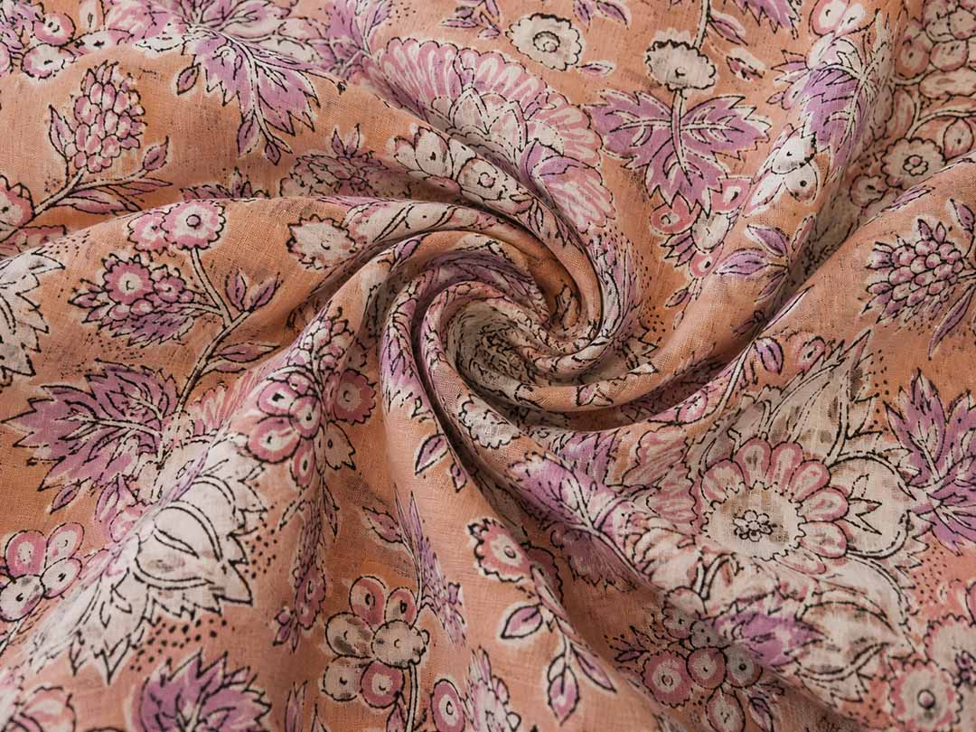 Peach And Lavender Floral Hand Block Print Cotton Saree