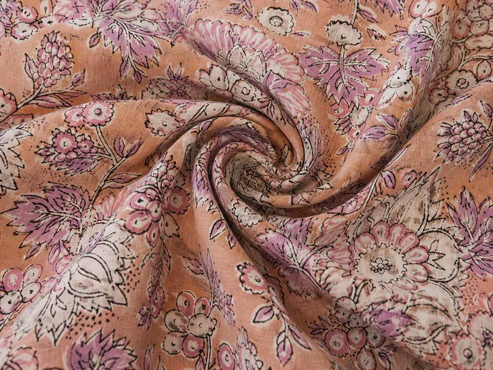 Peach And Lavender Floral Hand Block Print Cotton Saree