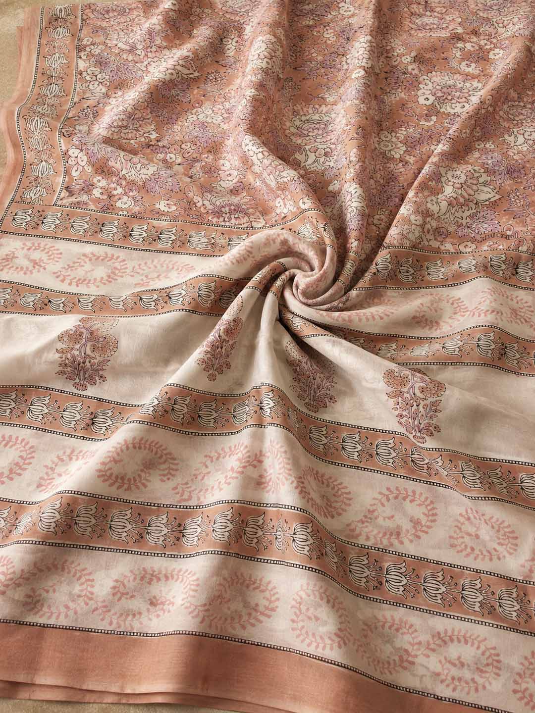 Peach And Lavender Floral Hand Block Print Cotton Saree