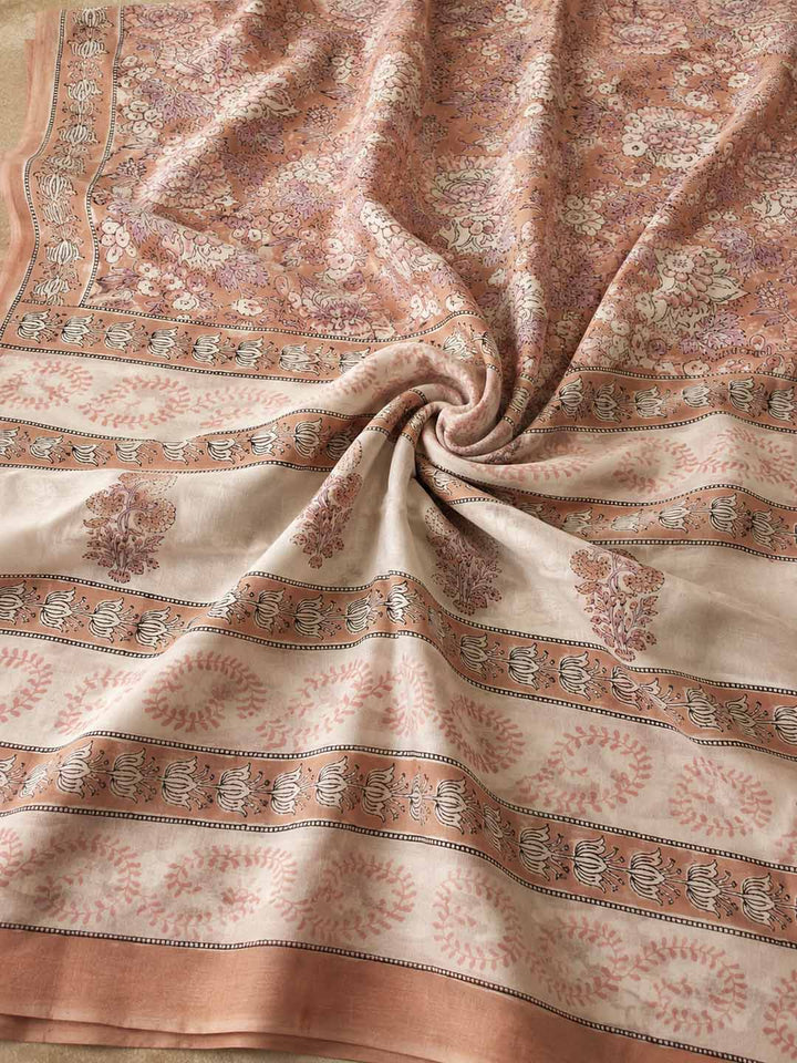 Peach And Lavender Floral Hand Block Print Cotton Saree