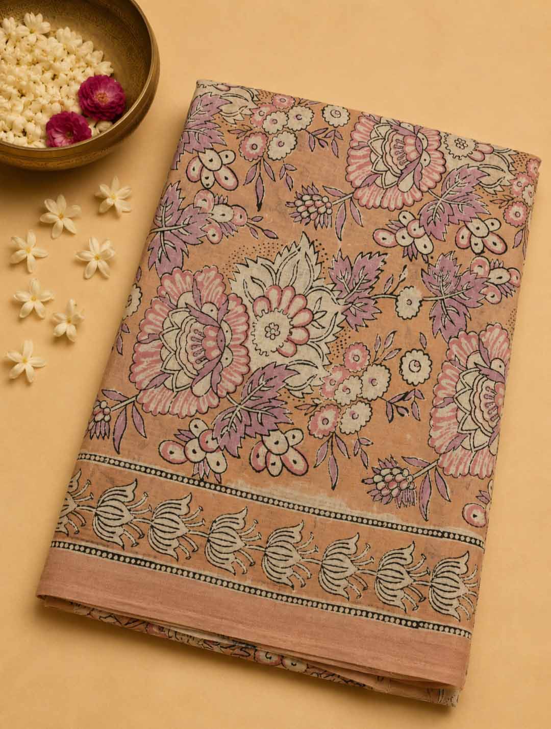 Peach And Lavender Floral Hand Block Print Cotton Saree