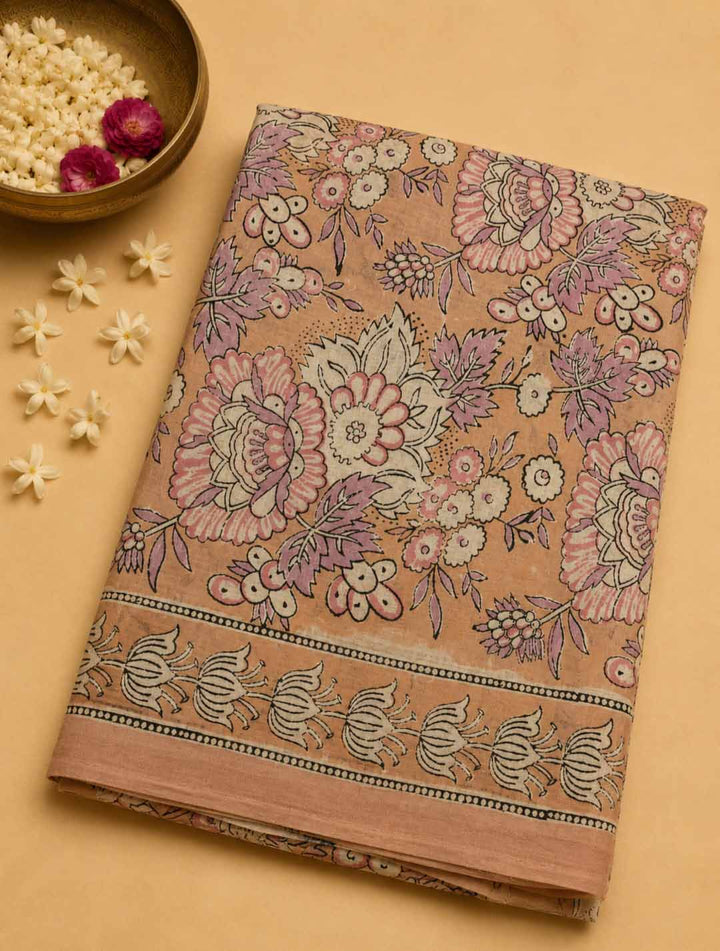 Peach And Lavender Floral Hand Block Print Cotton Saree