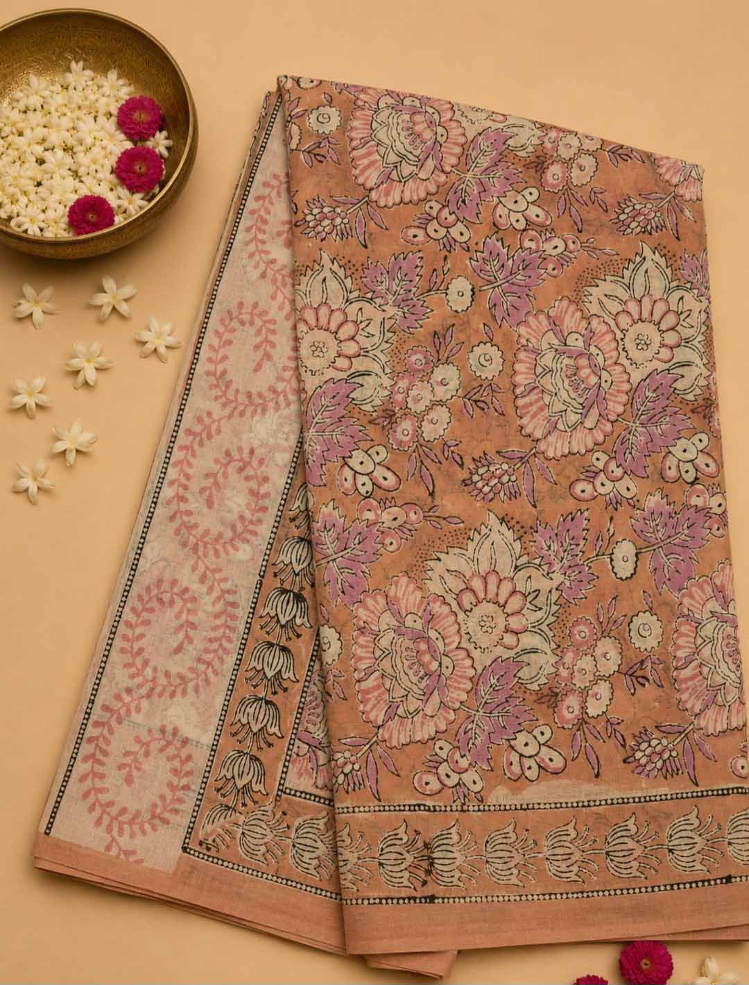 Peach And Lavender Floral Hand Block Print Cotton Saree