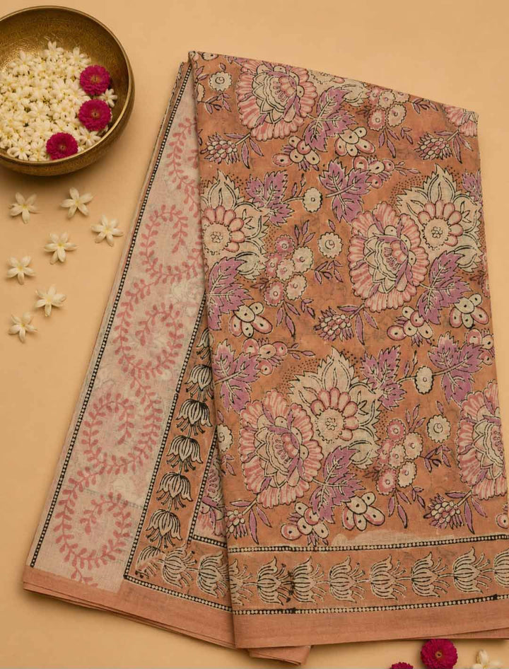 Peach And Lavender Floral Hand Block Print Cotton Saree