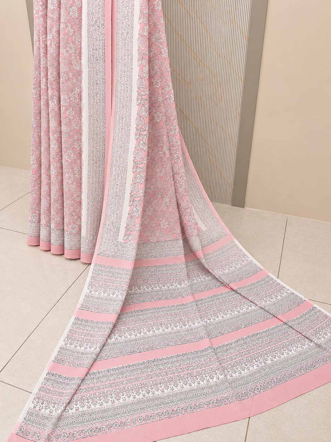 Light Pink And White Floral Hand Block Print Cotton Saree