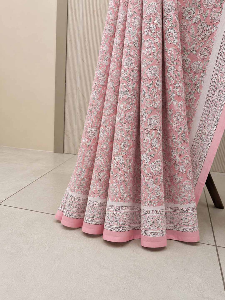 Light Pink And White Floral Hand Block Print Cotton Saree