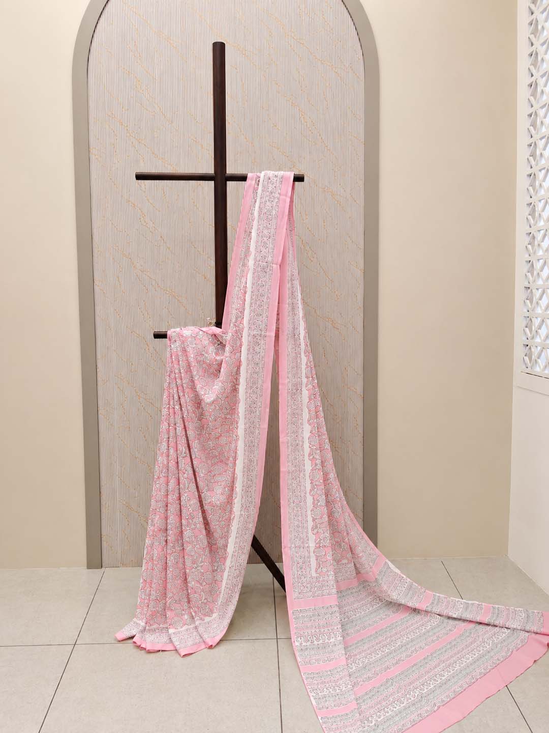 Light Pink And White Floral Hand Block Print Cotton Saree