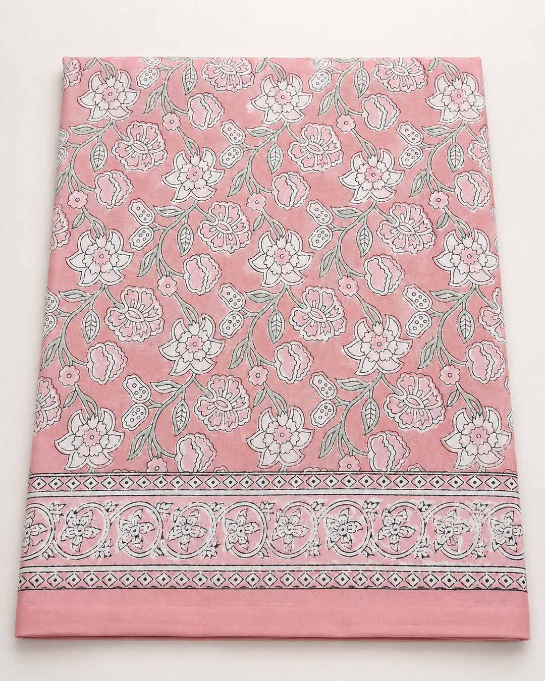 Light Pink And White Floral Hand Block Print Cotton Saree