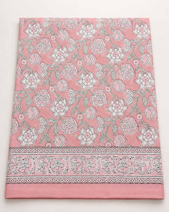 Light Pink And White Floral Hand Block Print Cotton Saree