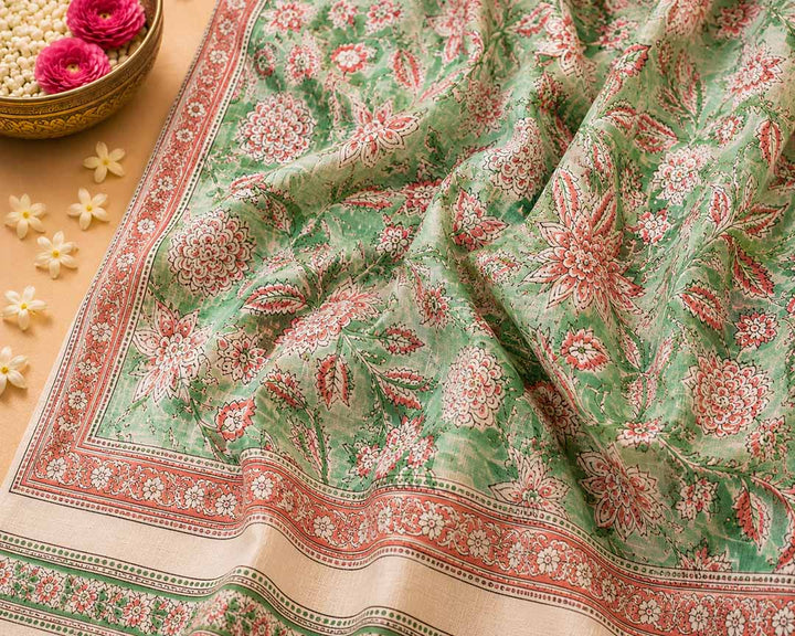 Green And  Pink Floral Hand Block Print Cotton Saree