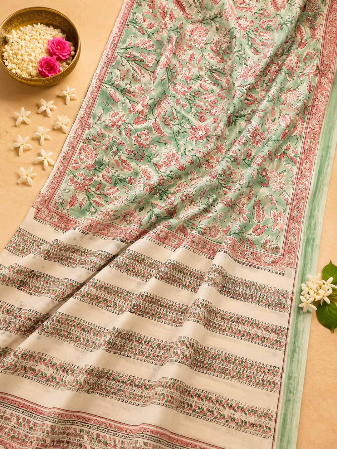 Green And  Pink Floral Hand Block Print Cotton Saree