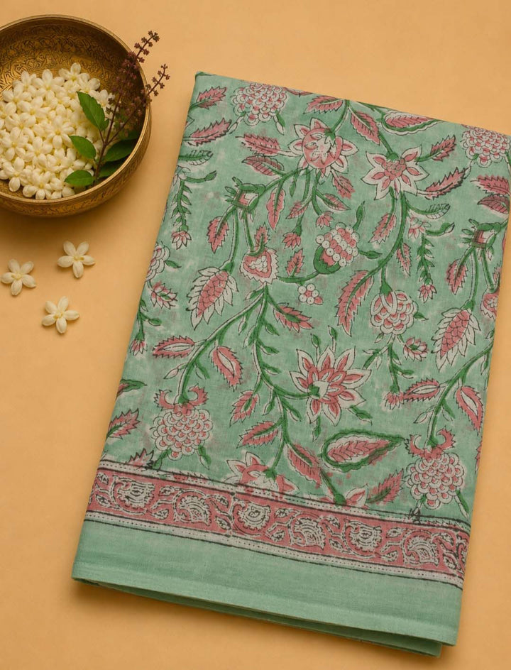Green And  Pink Floral Hand Block Print Cotton Saree
