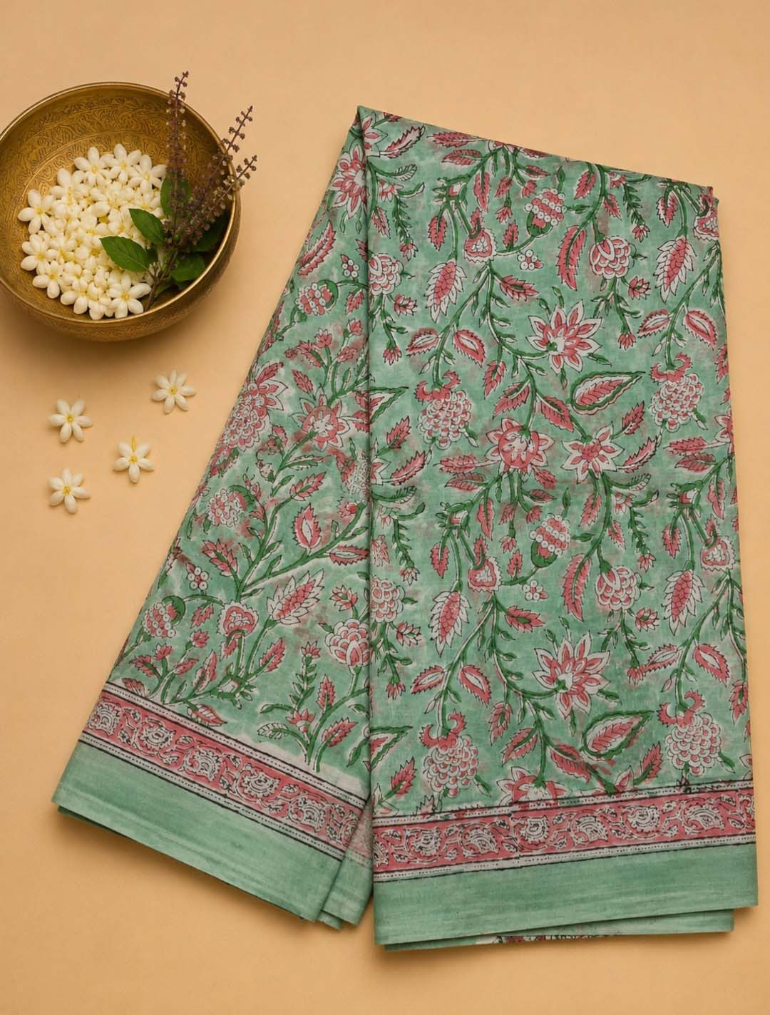 Green And  Pink Floral Hand Block Print Cotton Saree