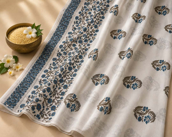 White And  Blue Floral Hand Block Print Cotton Saree