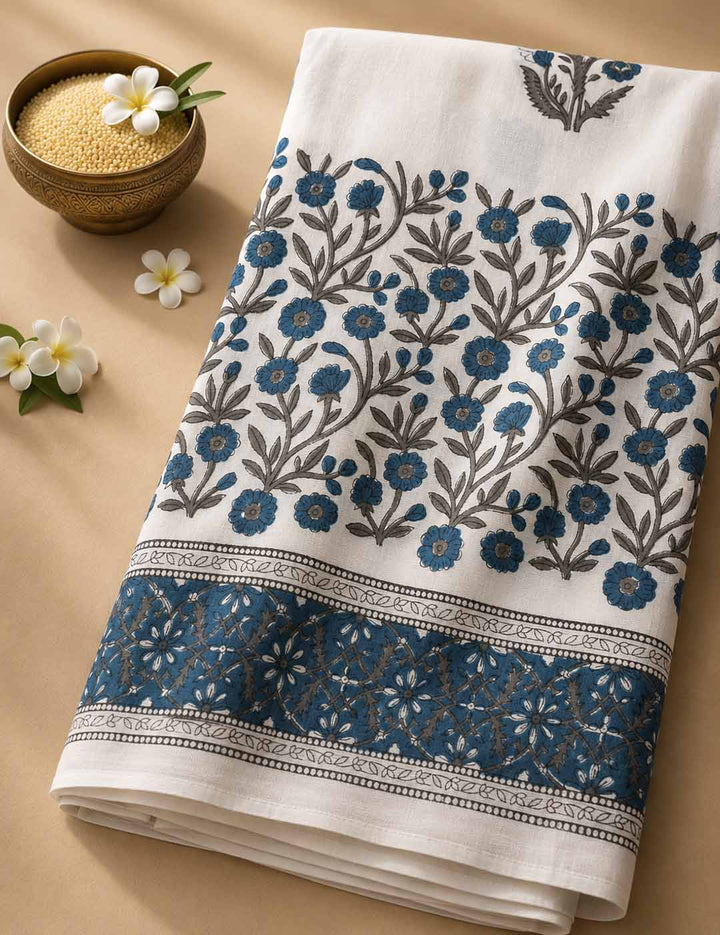 White And  Blue Floral Hand Block Print Cotton Saree