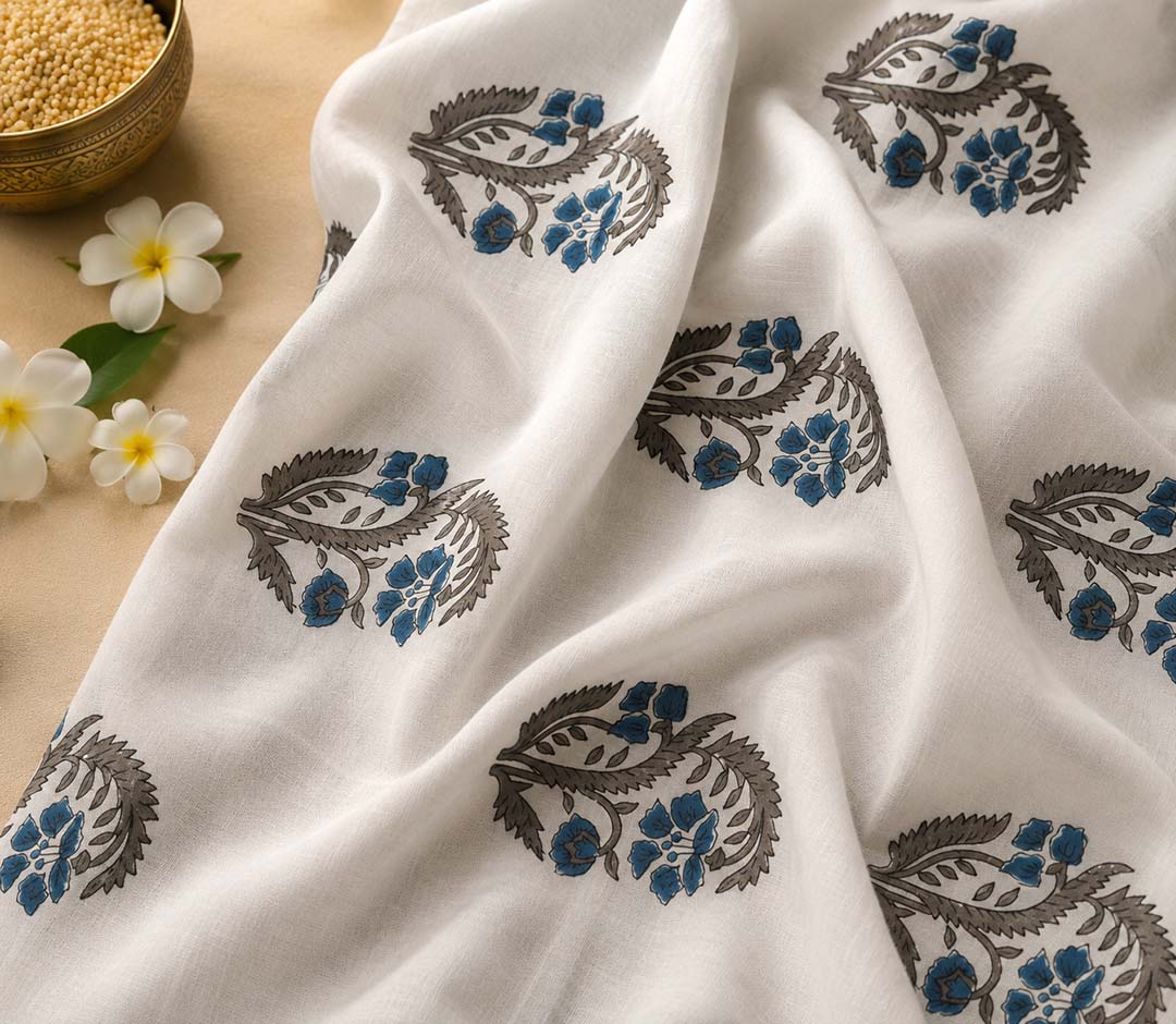 White And  Blue Floral Hand Block Print Cotton Saree