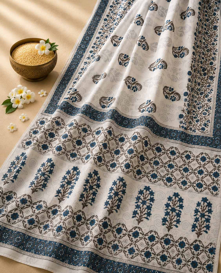 White And  Blue Floral Hand Block Print Cotton Saree