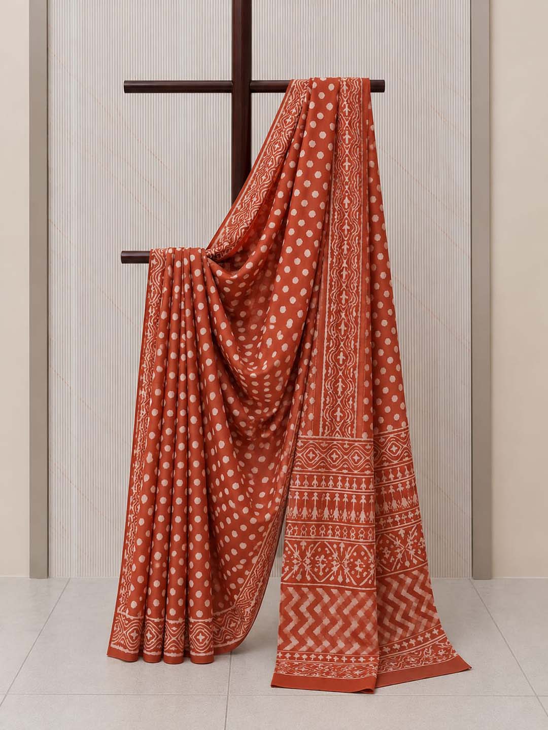 Burned Orange  Polki Hand Block Print Cotton Saree