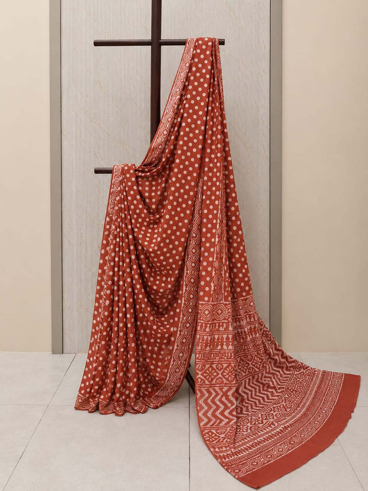 Burned Orange  Polki Hand Block Print Cotton Saree