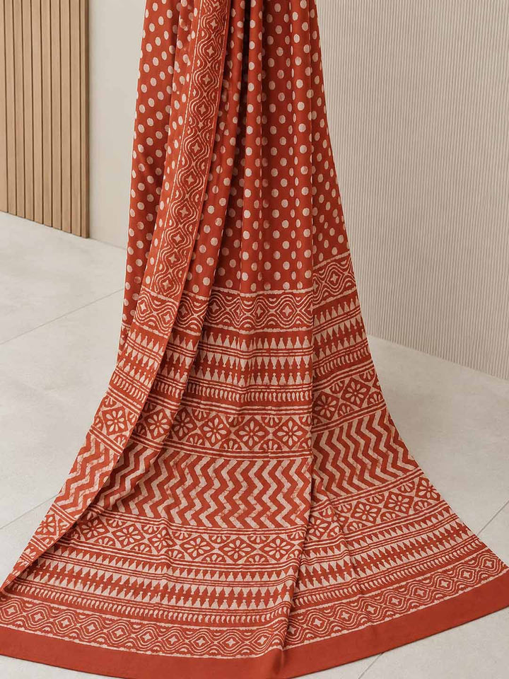 Burned Orange  Polki Hand Block Print Cotton Saree