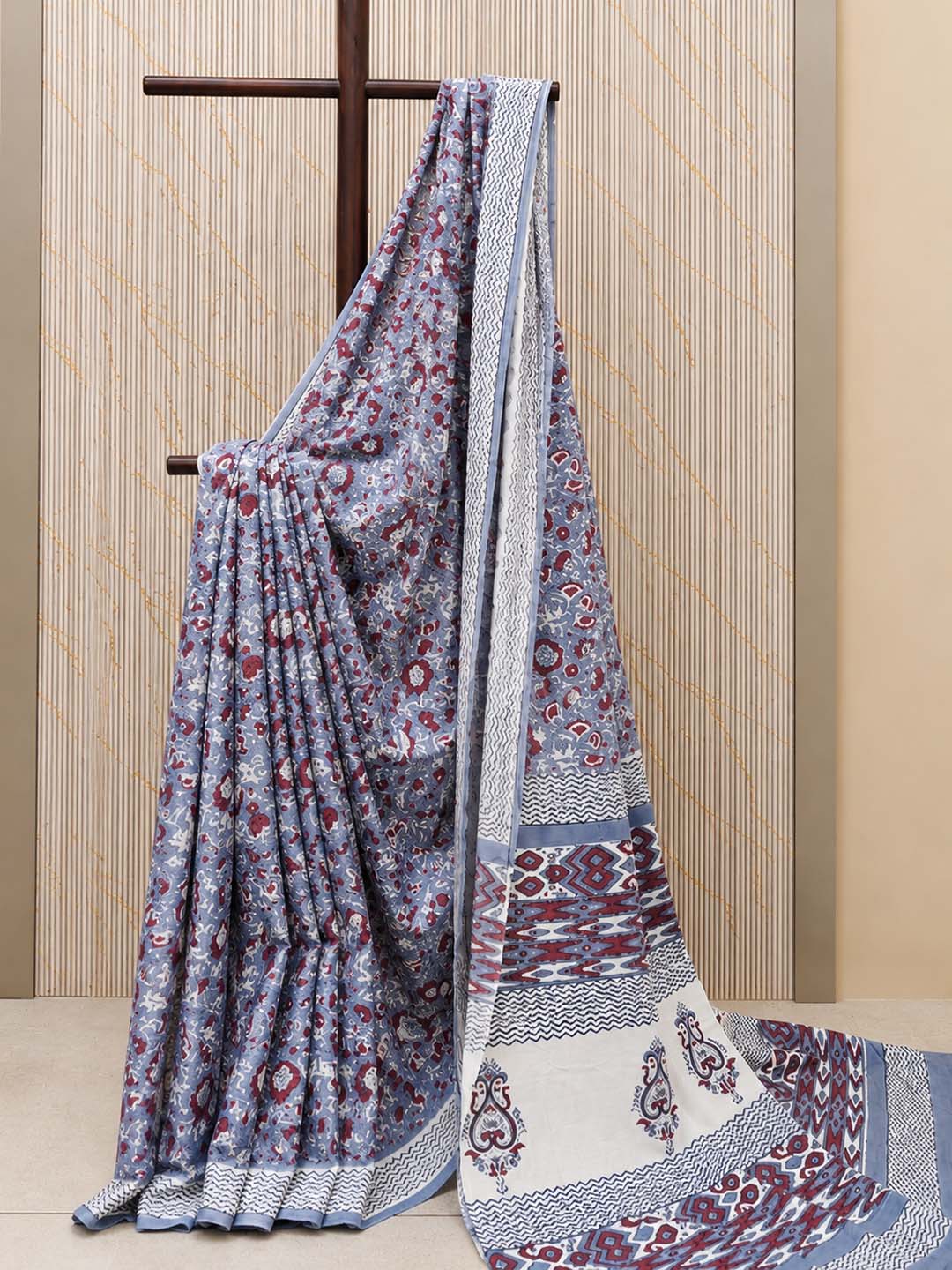 Lavender And  Red Floral Hand Block Print Cotton Saree
