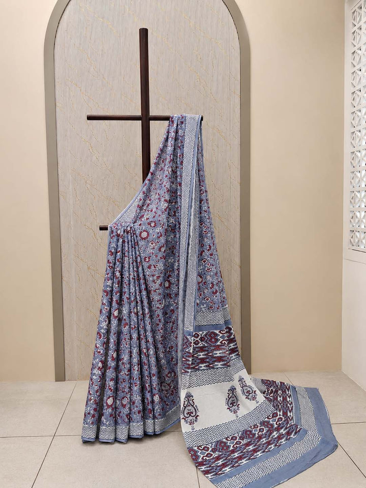 Lavender And  Red Floral Hand Block Print Cotton Saree