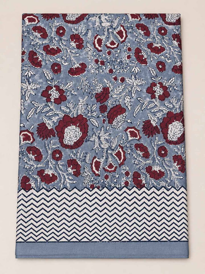 Lavender And  Red Floral Hand Block Print Cotton Saree