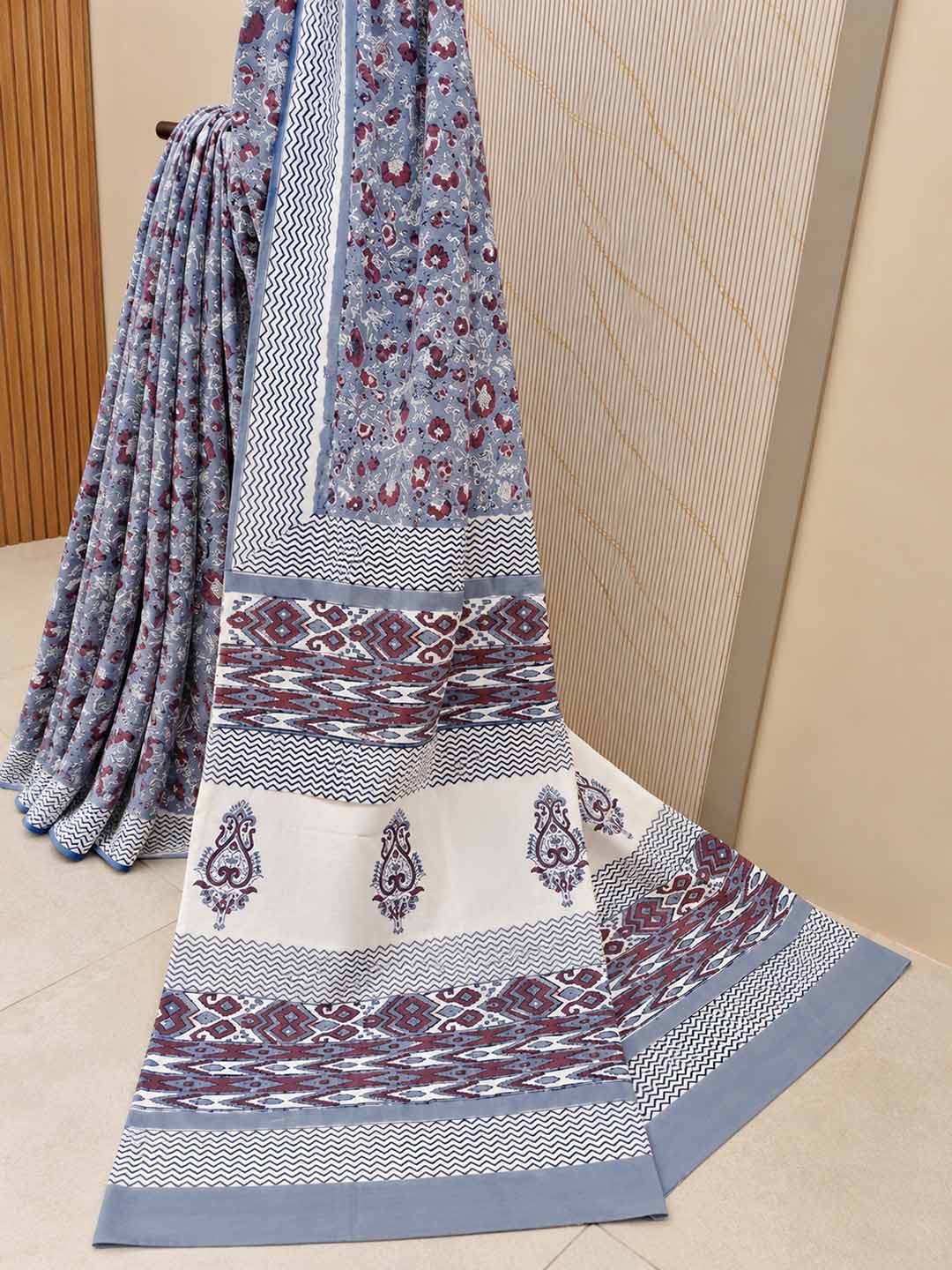 Lavender And  Red Floral Hand Block Print Cotton Saree