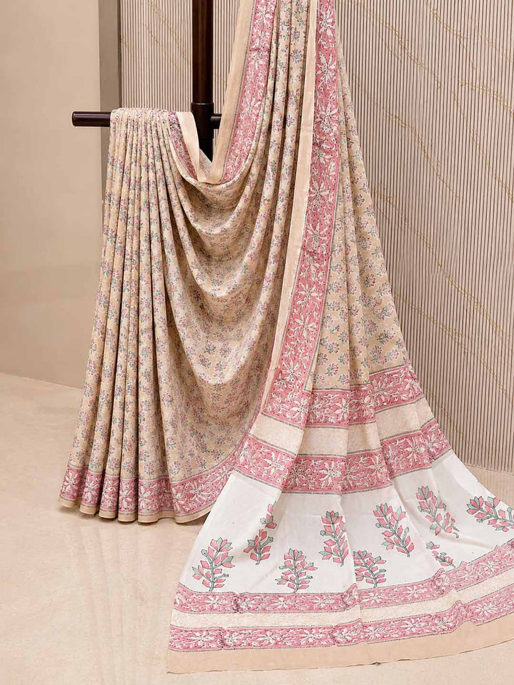 Peach Floral Hand Block Print Cotton Saree