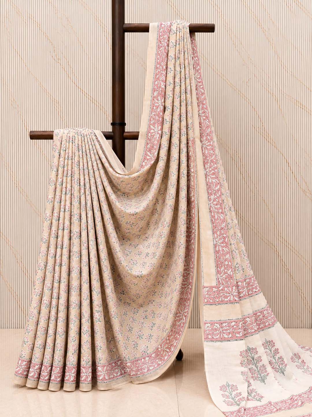 Peach Floral Hand Block Print Cotton Saree