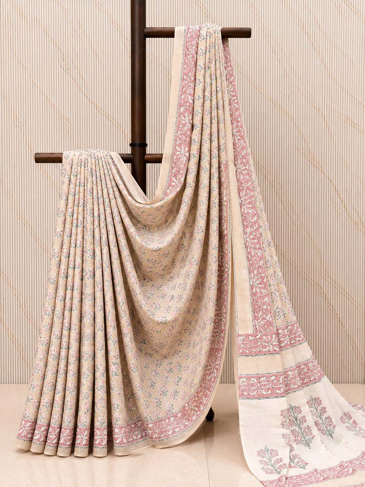 Peach Floral Hand Block Print Cotton Saree