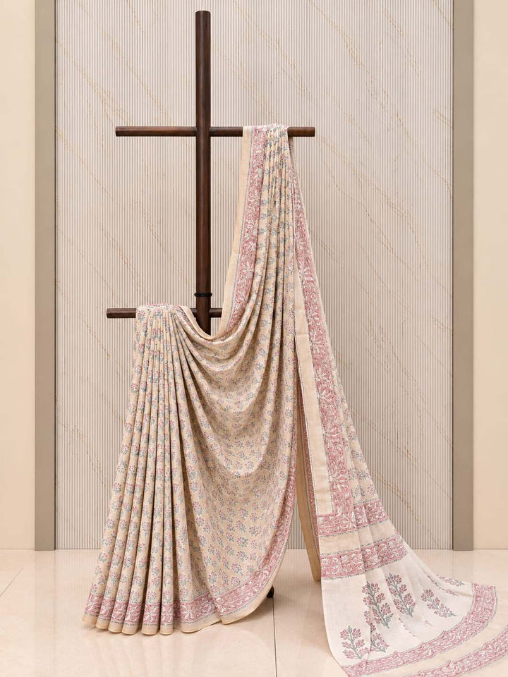 Peach Floral Hand Block Print Cotton Saree
