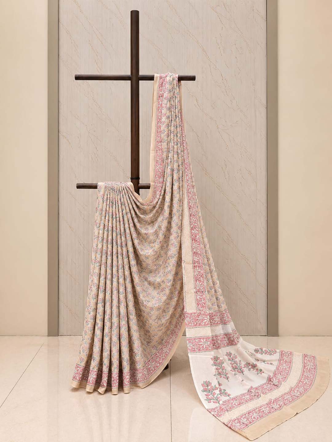 Peach Floral Hand Block Print Cotton Saree
