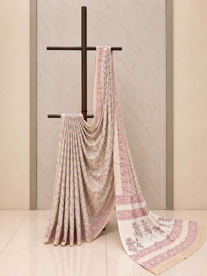Peach Floral Hand Block Print Cotton Saree